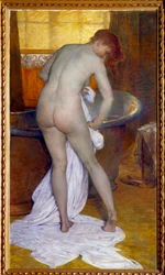 Badet. Scen i ett badrum: En kvinna som har stigit ur badkaret torkar sin nakna kropp med en handduk. Målning av Tony Robert-Fleury (1837-1912)