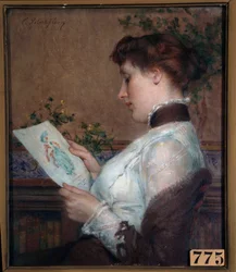 Bilden En kvinna som beundrar en teckning. Målning av Tony Robert Fleury (1837-1912) 1800-talets Orleans, Musee des Beaux Arts