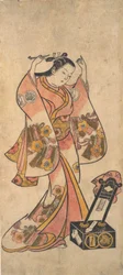 Sanjo Kantaro som en kvinna som arrangerar sitt hår före en lackspegel, före 1763.