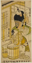 Skådespelaren Ichikawa Danjuro II som Kenkaya Gorouemon och Segawa Kikunojo I som Osen i pjäsen "Hatsugoyomi Akinai Soga", uppträdde på Nakamura Theatre den första månaden, 1732