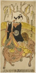 Skådespelaren Sanogawa Ichimatsu I som Kumenosuke i pjäsen "Na no Hana Akebono Soga", uppträdde på Nakamura Theatre under andra månaden, 1741