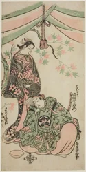 Skådespelarna Arashi Koroku I som Makomo no Mae och Ichikawa Uzaemon VIII som Taira no Koremochi i pjäsen "Shusse Momijigari", uppfördes på Ichimura Theatre i elfte månaden, 1747