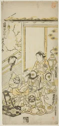 Skådespelarna Tamazawa Saijiro I som Oiso no Tora och Ichimura Uzaemon VIII som Soga no Juro i pjäsen "Haru wa Akebono Kuruwa Soga", uppfördes på Ichimura-teatern den första månaden, 1743