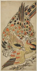 A Hawk Capturing a Crane in Flight, c.1715 (handfärgat träblockstryck)