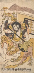Skådespelaren Ichimura Kamezo slåss med hjälp av en stor yxa, ca. 1748., ca. 1748.