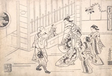 Skådespelaren Ichimura Takenojo VIII i rollen som en marionettspelare, visar Puppets to a Cour..., ca. 1715.