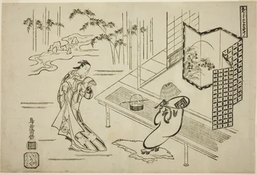 Skådespelarna Nakamura Takesaburo I som Kewaizaka no Shosho och Ichikawa Danjuro II som Soga no Goro klädde sig som en komuso i pjäsen "Bando Ichi Kotobuki Soga", som spelades på Nakamura Theatre under den första månaden, 1715