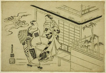 Skådespelarna Nakamura Takesaburo I som Kewaizaka no Shosho och Ichikawa Danjuro II som Soga no Goro i pjäsen "Bando Ichi Kotobuki Soga", uppfördes på Nakamura Theatre den första månaden, 1715