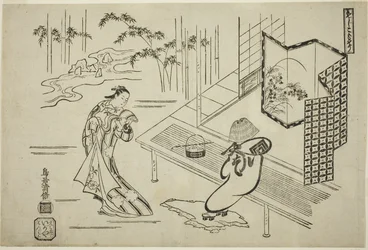 Skådespelarna Nakamura Takesaburo I som Kewaizaka no Shosho och Ichikawa Danjuro II som Soga no Goro klädda som en komuso i pjäsen "Bando Ichi Kotobuki Soga", som framfördes på Nakamura Theater under den första månaden