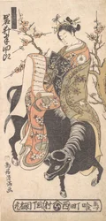 Skådespelaren Iwai Hanshiro som kurtisan, läsande ett kärleksbrev, ridande på en svart ..., omkring 1763.