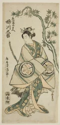 Skådespelaren Anegawa Daikichi som Ayame no Mae i pjäsen "Miyo no Hana Yunzei Kagami", uppförd på Morita Theater i den elfte månaden 1760