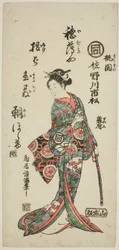 Skådespelaren Sanogawa Ichimatsu I som Momozono i pjäsen "Katakiuchi Mogami no Inabune", uppförd på Ichimura Theater i den sjunde månaden 1759