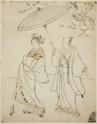 Skådespelarna Ichikawa Komazo I (L) och Nakamura Matsue I (R)