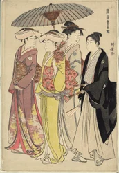 En dam med tre tjänare, från serien "A Brocade of Eastern Manners (Fuzoku Azuma no nishiki)"