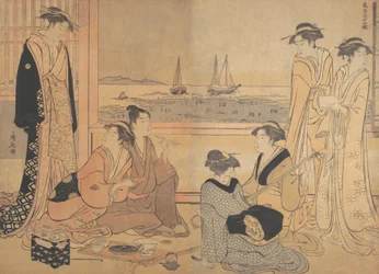 En fest av glada människor i ett tehus i Shinagawa, ca. 1783.