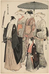 En ung adelsman, hans mor och tre tjänare, från serien "A Brocade of Eastern Manners (Fuzoku Azuma no nishiki)"