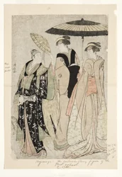 Skådespelare i pjäsen Oakinai Hiruga kojima, Nakamura Theatre, XI1784, 1784 (träblock)