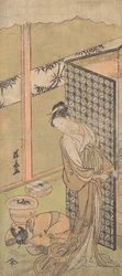 En Oiran i nattdräkt, pausande, med en hand på skärmen som omger hennes säng,..., ca. 1770.