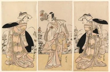 Bando Mitsugoro II som Tennen no Mansaku-kitsune och Ichikawa Monnosuke III som Nikaido Shinanonosuke och Iwai Hanshiro IV som Okura no Kojoro-kitsune i scenen från dramat Moto Mishi Yuki Sakae Hachi-no-ki (Nidaime Bando Mitsugoro no Tennen no mansaku-