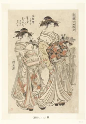 Courtisane Hitomachi från Tsutayas hem med sina kamuro Sanae en Matsuyo Edocho nichome Tsutaya uchi Hitomachi Sanae Matsuyo (titel på objekt) Viktiga personer uit de lusthuizen (serietitel) Seiro Satomenuki (titel på objekt)