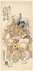 Matsumoto Koshiro III som Kusunoki Bokon och Sawamura Kijuro som Omori Hikoshichi i scenen ur ett drama