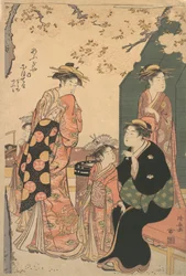 Porträtt av kurtisan Nioteru av Ogiya, med hennes två skötare Namiji och Ao-..., ca. 1785.