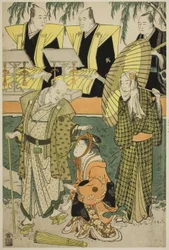 Skådespelarna Bando Matakuro IV som Chubei, Osagawa Tsuneyo II som Umegawa och Nakamura Katsugoro som Magoemon i pjäsen "Keisei Koibikyaku"