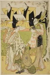 Skådespelarna Ichikawa Monnosuke II som Munesada, Segawa Kikunojo III som kurtisan Sumizome och Nakamura Nakazo I som Sekibei, i pjäsen "Tsumoru Koi Yuki no Seki no To", uppfördes på Kiri Theatre i elfte månaden, 1784