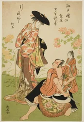 Skådespelarna Iwai Hanshiro IV som Kuzunoha, Ichikawa Yaozo III som Yakanpei och Ichikawa Ebizo IV som Abe no Doji, i pjäsen "Ashiya Doman Ouchi Kagami", uppfördes på Nakamura Theatre i nionde månaden, 1784