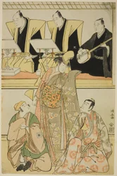 Skådespelarna Nakayama Kojuro VI (Nakamura Nakazo I) som Chidori, Sawamura Sojuro III som Shigemori och Ichikawa Yaozo III som Yoshibei, i shosan "Fukyoku Edo Geisha", som uppträdde på Nakamura Theatre i elfte månaden, 1785
