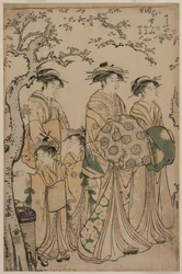 Courtesan Senzan från Chojiya promenerar med sin Kamuro Yasono och Yasoji och Two Shinzo, 1786.