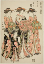Courtesan Wakakusa från Chojiya med hennes assistenter Asano och Midori, från serien "Modemodeller: nya mönster så fräscha som unga löv (Hinagata wakana no hatsu moyo)"