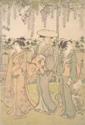 Tre kvinnor och en liten pojke under en Wisteria berså på stranden av en ström, ca. 1790.