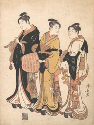 Tre unga kvinnor maskerar sig som Komuso-promenadminstrel, ca. 1778.