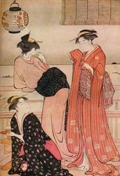 Tre flickor på verandan till ett tehus med utsikt över Edo Bay i Shinagawa, c1752-1815