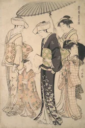 Två kvinnor i sommardräkt tar en ung flicka till ett Shinto-tempel för Miya Mairi ..., ca. 1783.