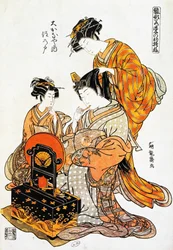 Kvinna framför spegeln medan hon har kammat håret, ukiyo-e konsttryck av Torii Kiyonaga (1751-1815), träsnitt, japansk civilisation, Edo-period
