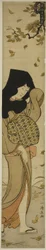 Kvinna med svart huva i vindblåsta löv, från serien "Twelve Scenes of Popular Customs (Fuzoku juni tsui)"