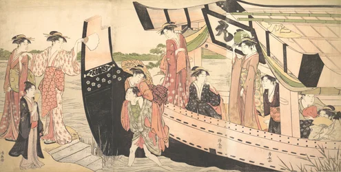 Kvinnor som landar från en nöjesbåt som dras upp till stranden vid Mukojima på Sumidafloden, ..., ca. 1785.