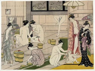Kvinnor i ett offentligt bad. Japanskt tryck av Torii Kiyonaga (1752-1815), omkring 1785. Torii-skolan (ukiyo-e eller ukiyoe).