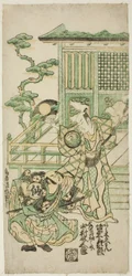 Skådespelarna Bando Hikosaburo I som Araki Shozaemon och Nakamura Sukegoro I som Daidoji Tahatanosuke i pjäsen "Chigozakura Futabajikki", uppfördes på Ichimura Theatre den tionde månaden, 1746