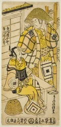 Skådespelarna Ichikawa Danjuro II som Onio Shinzaemon och Ichikawa Masugoro som Soga no Goro i pjäsen "Furiwake-gami Hatsugai Soga", uppträdde på Ichimura Theatre den första månaden, 1735