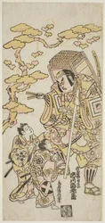 Skådespelarna Ichikawa Ebizo II som Musashibo Benkei, Sakata Shintaro (?) som Soga no Goro och Takigawa Kinya (?) som Soga no Juro i pjäsen "Sazareishi Suehiro Genji", som spelades på Nakamura Theatre den första månaden, 1744