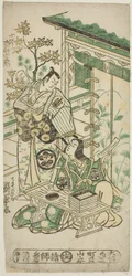 Skådespelarna Ichimura Uzaemon VIII som Oguri Hangan och Segawa Kikunojo I som Terute no Mae i pjäsen "Mangetsu Oguri Yakata", uppträdde på Ichimura Theatre i den åttonde månaden, 1747