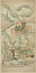 Skådespelarna Matsumoto Koshiro II som Kumasaka Chohan, Ichimura Kamezo I som Ise no Saburo och Sanogawa Ichimatsu I som Ushiwakamaru i pjäsen "Hatsu Tora Kurama Genji", uppfördes på Ichimura Theatre den första månaden, 1749