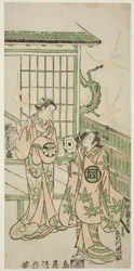 Skådespelarna Sanogawa Ichimatsu I som Minamoto no Yorimasa och Segawa Kikujiro I som Nobutsuras hustru Karumo i pjäsen "Shusse Momijigari", uppförd på Ichimura Theater i den elfte månaden 1747
