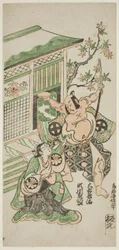 Skådespelarna Segawa Kikujiro I som Nobutsuras hustru Karumo och Otani Oniji I som Tahara Matataro i pjäsen "Shusse Momijigari", uppförd på Ichimura Theater i den elfte månaden 1747