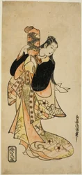 Skådespelaren Ichikawa Monnosuke I som Oiso no Tora i pjäsen "Nigiwai Suehiro Soga", uppfördes på Morita Theatre den första månaden, 1721 (?)