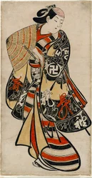 Skådespelaren Takii Hannosuke som effeminerad yngling, ca 1707 (handkolorerat träsnitt; tan-e, vertikal o-oban)