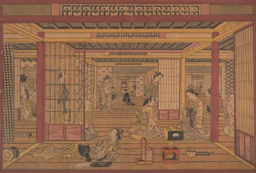 En interiörvy i Yoshiwara, ca. tidigt 1740-tal.